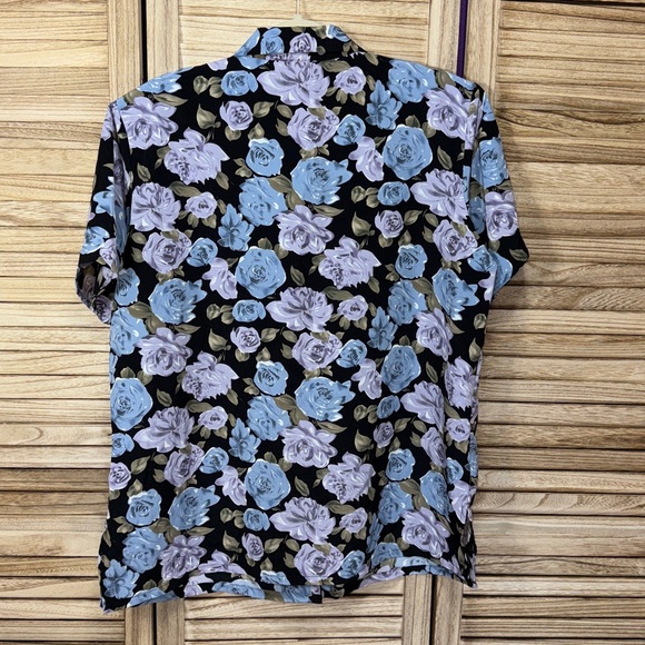 Anna Short Sleeve Button Up Blouse Black Blue Purple Shoulder Pads Size XL - Picture 6 of 6